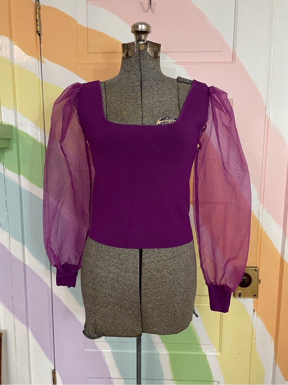 House of Harlow 1960 Sheer Puff Sleeve Chiffon Square Neck Crop Top Sz XS 💚🎀